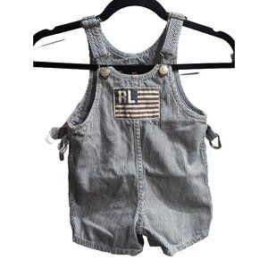 VINTAGE Polo Jeans Ralph Lauren Flag Train Conductor Striped Overalls Toddler 2T